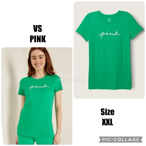 PINK Victoria's Secret Tops - VS PINK Electric Green White Logo Knit Short Sleeve Perfect Everyday Tee XXL NEW